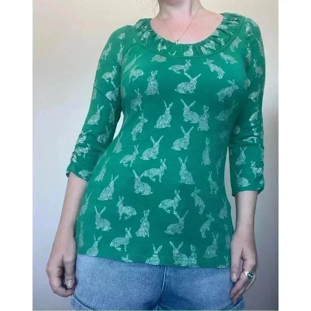 ANTHROPOLOGIE Postmark Green Bunny Rabbit Blouse